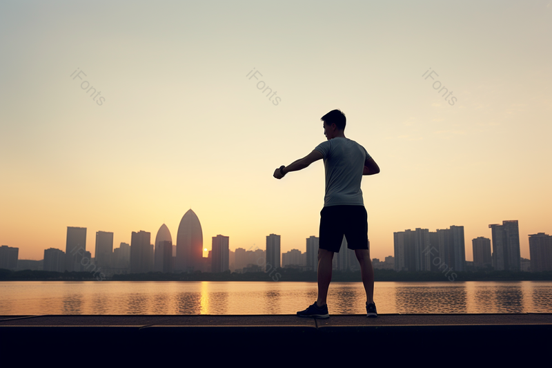 年轻运动男性夕阳下运动拉伸的黑色剪影清晰的摄影图高清的图片,高清,摄影图,摄影图片,图片大全,摄影图免费下载